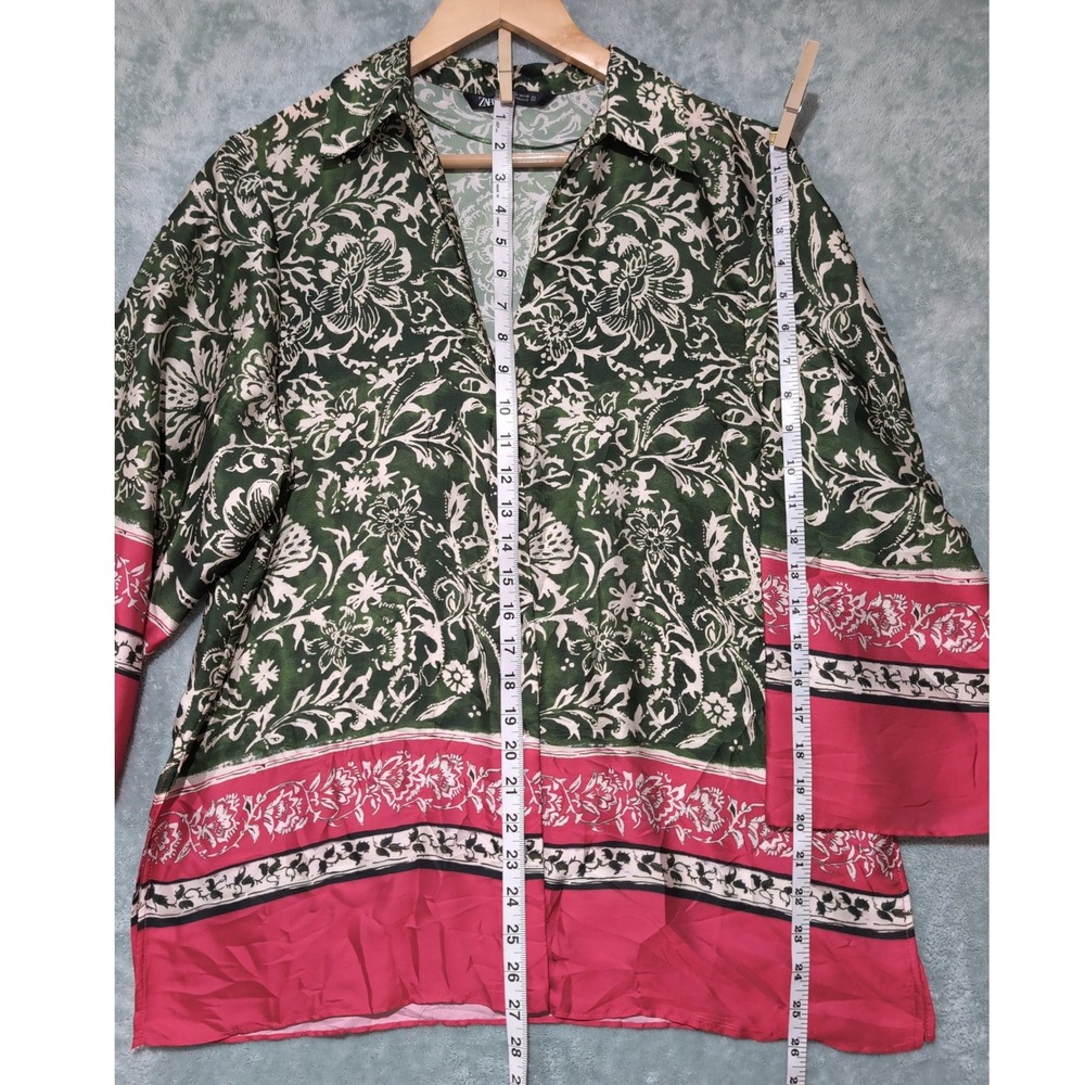 Zara Green Magenta Pink Floral Satin Oversized Button Down Blouse Medium - Picture 10 of 10